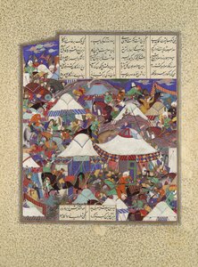 The Besotted Iranin Camp hyökkäsi yöllä, Folio 241r Shahnamasta..., n. 1525-30.
