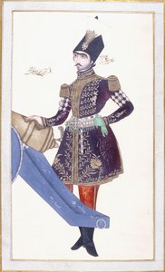 Nasir al-Din Shahin muotokuva, käsi lepää tykin päällä, n. 1853-4