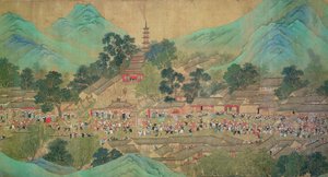 Keisari Kang Shin kiertue Kiang-Hanissa vuonna 1699 Chaio Ping Chenin (1661-1722) jälkeen (muste ja väri silkkitaustaiselle paperille) tekijältä Qing Dynasty Chinese School