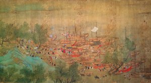 Keisari Kang Shin kiertue Kiang-Hanissa vuonna 1699 Chaio Ping Chenin (1661-1722) jälkeen (muste ja väri silkkitaustaiselle paperille) tekijältä Qing Dynasty Chinese School