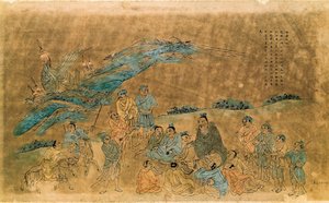 Kiinalainen filosofi Konfutse (Kong Fu Zi) (551-479 eKr.) ympäröi opetuslapsiaan (akvarelli) tekijältä Qing Dynasty Chinese School