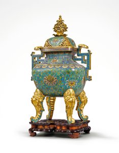 Suuri keisarillinen Cloisonne emali Ruyi-kahvainen maljakko