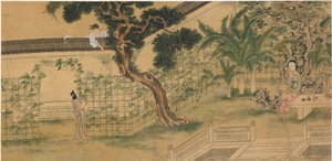 Kohtaus näytelmästä Romance of the West Chamber, Wang Shifu, 1500-luku.