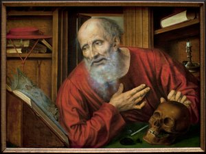 Pyhä Jerome sellissään. Quentin Metsysin (Quinten Massys) maalaus (1466-1530), 1500-luvun ensimmäinen puolisko, Flanderin primitiivistä taidetta. Kunsthistorisches Museum, Wien, Itävalta. tekijältä Quentin Massys or Metsys