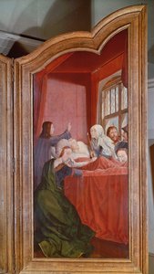 Pyhä sukulaisuus eli Pyhän Annan alttaritaulu, yksityiskohta oikeanpuoleisesta paneelista, joka kuvaa Pyhän Annan kuolemaa, 1509 tekijältä Quentin Massys or Metsys