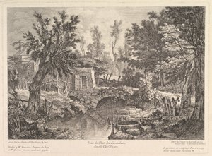 Näkymä Lavandieresin sillalle talonpoikatalossa, 1700-luvun puoliväli. tekijältä Quentin Pierre Chedel