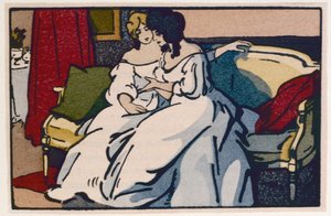 Herttuatar de Langeais vierailemassa vicomtes de Beauseantin luona, kuvitus Honore de Balzacin teoksesta "Le Pere Goriot", julkaistu vuonna 1922
