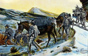 Ensimmäinen maailmansota: ryhmä italialaisia alppimetsästäjiä tunnustuksena muuleineen vuonna 1915. Kuvitus: Quinto Cenni (1845-1917) tekijältä Quinto Cenni