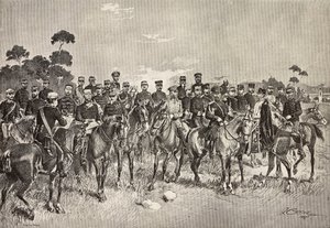 Ulkomaisten armeijan upseerit vierailemassa italialaisten sotilaiden luona Lombardiassa, Italiassa, kaiverrus Quinto Cennin piirroksesta, L