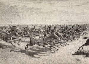 Italian armeijan hevostykistö ohittaa täydellä laukalla, Lombardia, Italia, kaiverrus Quinto Cennin piirroksesta, L