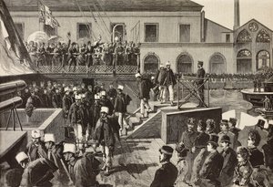 Italialaiset sotilaat laivaan Washington, Napoli, Italia, kolmas italialainen retkikunta Punaisellamerellä, kaiverrus Quinto Cennin piirustuksesta ja M Del Donin luonnos, L