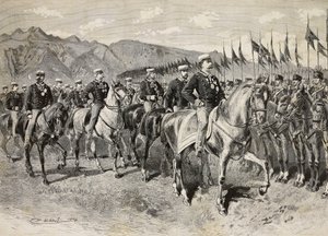 Kuningas Umberto I tarkastamassa Firenzen lansseja, kenraali Martin di Montu takana, 28. syyskuuta ratsuväen harjoitukset Pordenonessa, Italiassa, kaiverrus Quinto Cennin piirroksesta, L