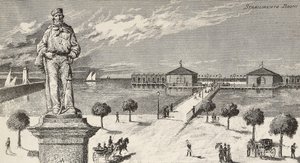 Muistomerkki Giuseppe Garibaldin (1807-1882), italialaisen poliitikon ja patriootin muistoksi, ja taustalla kylpylä, Cesenatico, Italia tekijältä Quinto Cenni