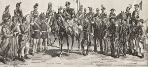 Piemonten armeija vuonna 1859: jalkaväki, tykistö, insinöörit, kranaatierit, upseerit, kenraalit, keihäsmiehet, ratsumiehet, kiväärimies, kaiverrus Quinto Cennin piirroksesta, L