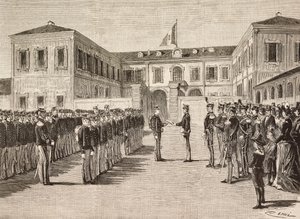 Prinssi Vittorio Emanuele (1870-1946), Torinon kreivi, jakaa tutkinnot Milanon sotaakatemian kadeteille 14. maaliskuuta tekijältä Quinto Cenni