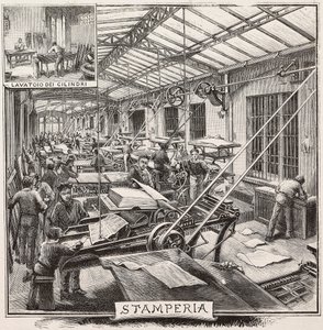 Kirjapaino Fratelli Treves -kustantamo, Milano, Italia, kaiverrus Quinto Cennin piirroksesta, L
