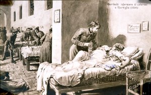 Italialainen patriootti Giuseppe Garibaldi (1807-1882) hoiti kolerapotilaita Marseillessa nimellä Pan-Borel (Pane Borel) vuonna 1836. Postikortti 1800-luvulta Yksityinen kokoelma tekijältä Quinto Cenni