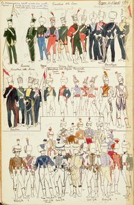 Napolin kuningaskunnan erilaisia univormuja vuodelta 1814. Cenni Quinton värilevy tekijältä Quinto Cenni
