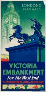 "Victoria Embankment", Lontoon kreivikuntaneuvoston LCC Tramways -juliste, 1932 tekijältä RF Fordred