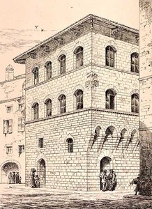 14th Century House, Firenze, Italia, julkaisusta "Esimerkkejä Italian ja Ranskan kunnallisesta, kaupallisesta ja katuarkkitehtuurista 1100-1400-luvulla", publ. kirjoittanut W. Mackenzie