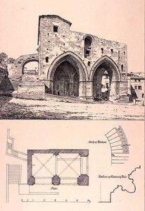 Fonte Branda, Siena, Italia, julkaisusta "Esimerkkejä Ranskan ja Italian kunnallisesta, kaupallisesta ja katuarkkitehtuurista 1100-1400-luvulla", publ. kirjoittanut W. Mackenzie
