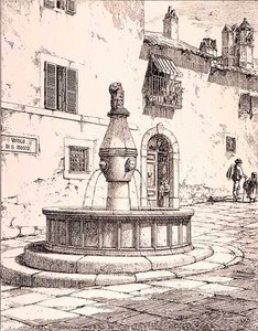 Vicolo di S. Roccon suihkulähde, Viterbo, Italia, teoksesta "Esimerkkejä Ranskan ja Italian kunnallisesta, kaupallisesta ja katuarkkitehtuurista 1200-luvulta 1400-luvulle", julkaissut W.Mackenzie.