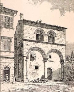 Talo Piazza del Duomolla, Viterbossa, Italiassa, julkaisusta "Esimerkkejä Ranskan ja Italian kunnallisesta, kaupallisesta ja katuarkkitehtuurista 1100-1400-luvulla", publ. kirjoittanut W. Mackenzie