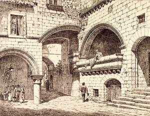 Osa Piazza San Pellegrinoa, Viterbo, Italia, julkaisusta "Esimerkkejä Ranskan ja Italian kunnallisesta, kaupallisesta ja katuarkkitehtuurista 1100-1400-luvulla, publ. kirjoittanut W. Mackenzie