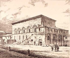 Paavien palatsin jäännökset, Orvieto, Italia, julkaisusta "Esimerkkejä Ranskan ja Italian kunnallisesta, kaupallisesta ja katuarkkitehtuurista 1100-1400-luvulla", publ. kirjoittanut W. Mackenzie