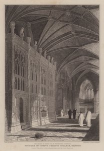 Oxfordin Corpus Christi Collegen perustajan piispa Foxen pyhäkkö Winchesterin katedraalissa (kaiverrus) tekijältä R. (after) Essex