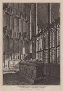 Oxfordin New Collegen perustajan William of Wykehamin hauta ja kanslia Winchesterin katedraalissa (kaiverrus) tekijältä R. (after) Essex