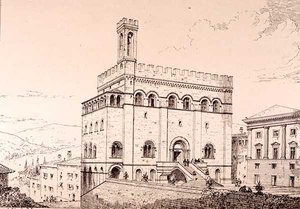 Palazzo del Comune, Gubbio, Italia, julkaisusta "Esimerkkejä Ranskan ja Italian kunnallisesta, kaupallisesta ja katuarkkitehtuurista 1100-1400-luvulla" jul. kirjoittanut W. Mackenzie tekijältä R. Anderson