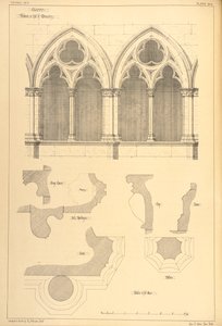 Clunyn luostarin salin ikkunat, teoksesta "Esimerkkejä Ranskan ja Italian kunnallisesta, kaupallisesta ja katuarkkitehtuurista 1200-1500-luvuilla", 1841. tekijältä R. Anderson