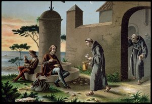 Kristoffer Kolumbuksen (1451-1506) saapuminen poikansa kanssa Rabidan luostariin, Amerikan löytöstä, joka julkaistiin Barcelonassa vuonna 1878 (värilitho) tekijältä R. Puiggari