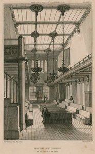 House of Lords, Westminster, Lontoo, asennettuna vuonna 1835 tekijältä R. W. Billings
