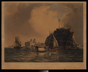 Dreadnought 104 tykkiä, sairaalalaiva kaikkien kansojen sotilaille, ankkuroituna Thamesissa Greenwichin edustalla, 20. kesäkuuta 1831. tekijältä R. W. Price
