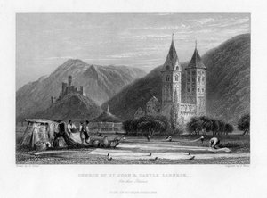 Pyhän Johanneksen kirkko ja Lahneckin linna Reinin rannalla, 1838