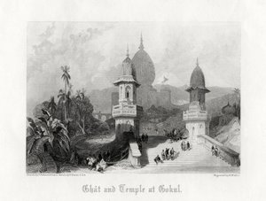 Ghat ja temppeli Gokulissa, Intiassa, vuonna 1838.