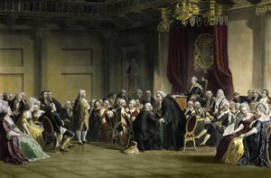 Benjamin Franklin (1706-1790), yhdysvaltalainen filosofi, fyysikko ja valtiomies Lords of the Privy Councilin edessä, Whitehall Chapel, Lontoo tekijältä R. Whitechurch