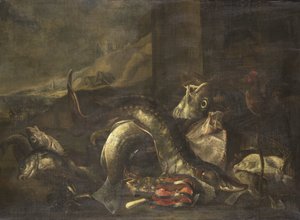 Asetelma kalan kanssa tekijältä R. van Burgh