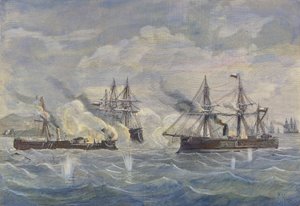 Merivoimien taistelu perulaisen Huascar-laivan välillä chileläistä Blanco Encaladaa ja Cochranea vastaan vuonna 1879