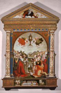 Alttaritaulu, joka esittää pyhän sakramentin palvomista predellassa: Sebastian ja Saint Roch. tekijältä Raffaele De (fl.1514 1573) Pancalino