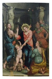 Pyhien Johannes Kastajan ja Kristoffer Kristuksen välinen pelastava Madonna tekijältä Raffaellino di Michelangelo (16th century)