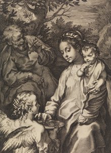 Pyhä perhe puurokulhon kanssa, n. 1580-n. 1614. tekijältä Raffaello Guidi