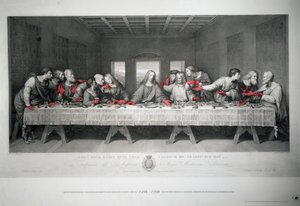 Kaiverrus, joka on tehty Milanon Santa Maria delle Grazie -kirkossa sijaitsevan Leonardo da Vincin viimeisen ehtoollisen 5. vuosisadan kunniaksi. tekijältä Raffaello Sanzio Morghen