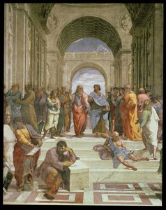 Ateenan koulu, keskuksen yksityiskohta, jossa on erilaisia hahmoja, kuten Platon, Aristoteles, Michelangelo Herakleitoksena ja Diogenes, 1510-11, fresko, yksityiskohta vuodelta 472. tekijältä Raffaello Sanzio Raphael