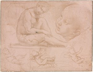 Tutkimukset istuvasta naisesta, Childsin päästä ja kolmesta vauvasta, n. 1507-8. tekijältä Raffaello Sanzio Raphael