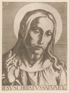 Kristus Jeesus Kristus Salvator Mudi (otsikko esineessä) Christ, Mary en de twaalf apostelen (sarjan nimi) The Sacred Apostol College (sarjan nimi) tekijältä Raffaello Schiaminossi