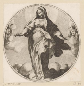Mary pilvissä Sancta Maria Mater Dei (otsikko esineessä)