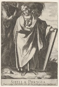 Levy 9: Fryygialainen Sibylla pitelee tabletin yläosaa vasemmalla kädellä ja osoittaa..., 1609.